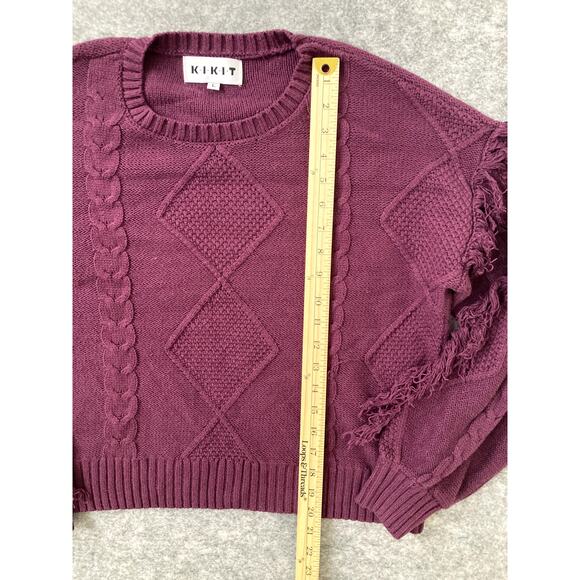 Kikit Sweater Womens Large Cable Knit Crop Top Tassels Bohemian Maroon Hippie - Picture 3 of 9
